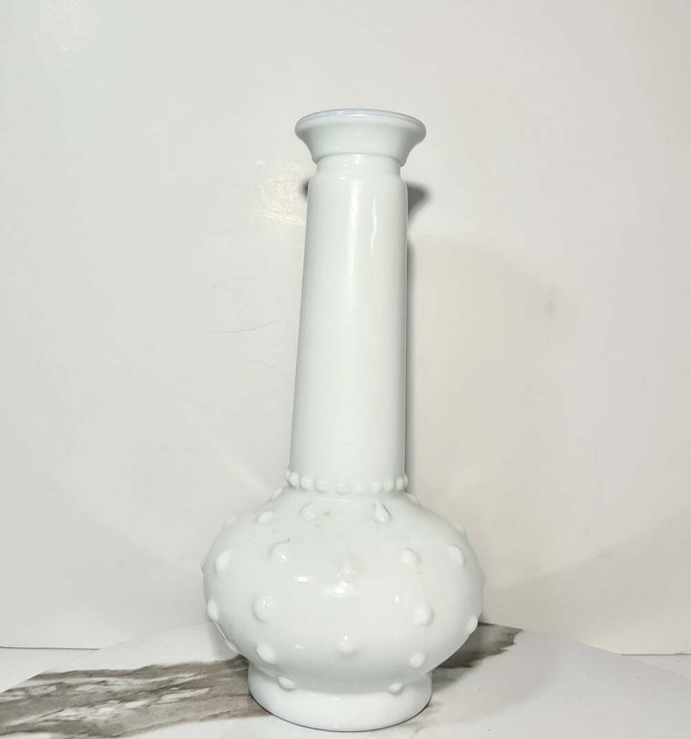 Vintage E.O. Brody White Milk Glass Hobnail Bud Vase 8" marked